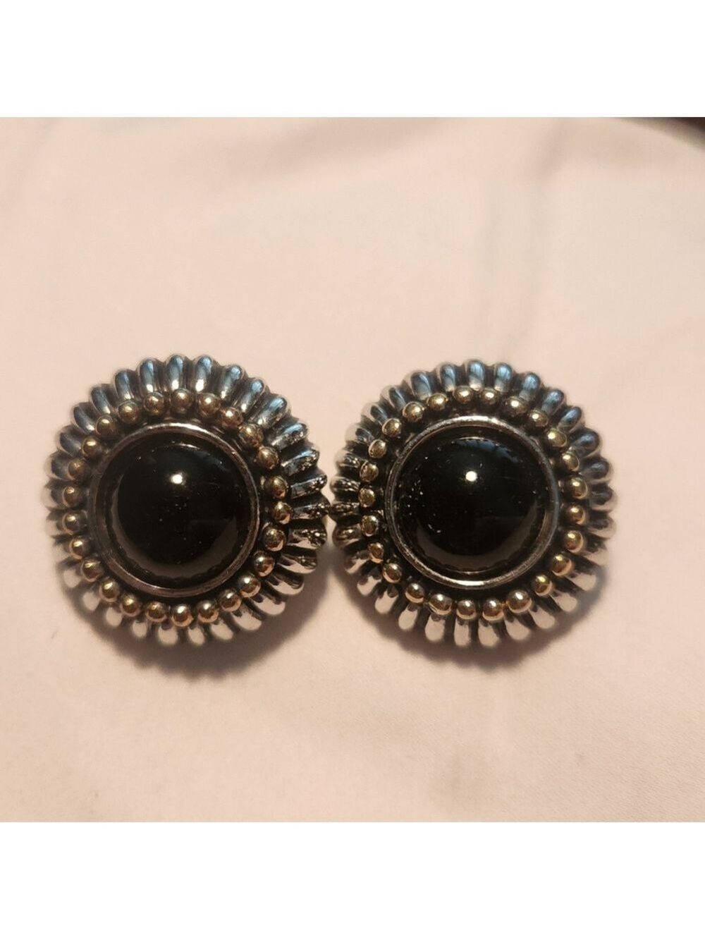 Vtg Womens Earrings  Italian Silver, Gold & Onyx Clip Designer Earrings